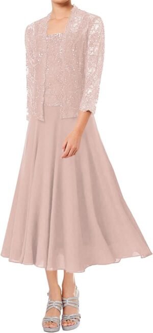 Mother of The Bride Dresses Tea Length Grandmother of The Bride Dress Beaded Wedding Guest Groom Dress Lace Jacket