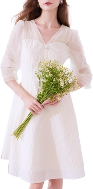 Women's Summer Dress 3/4  Casual Boho V-Neck Pleated Lace Up Wrap Flowy Midi Dress Wedding Guest Dresses