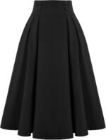 Women Vintage Skirt High Waist Pleated Skirt Midi A-Line Skirt with Pockets