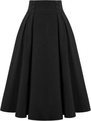 Women Vintage Skirt High Waist Pleated Skirt Midi A-Line Skirt with Pockets