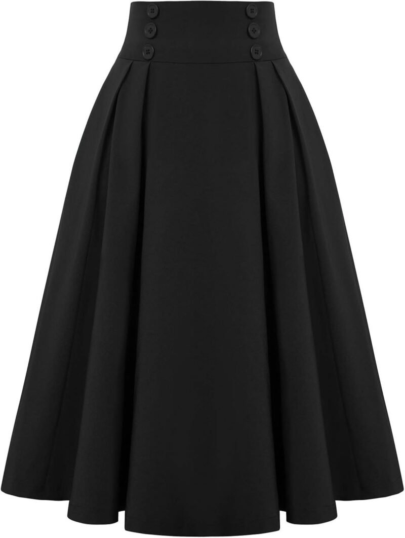 Women Vintage Skirt High Waist Pleated Skirt Midi A-Line Skirt with Pockets