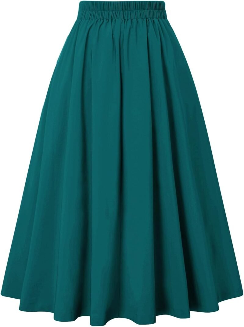 Women Vintage Skirt High Waist Pleated Skirt Midi A-Line Skirt with Pockets - Image 2