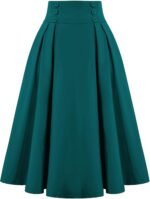 Women Vintage Skirt High Waist Pleated Skirt Midi A-Line Skirt with Pockets