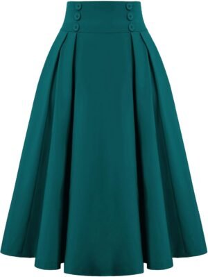 Women Vintage Skirt High Waist Pleated Skirt Midi A-Line Skirt with Pockets