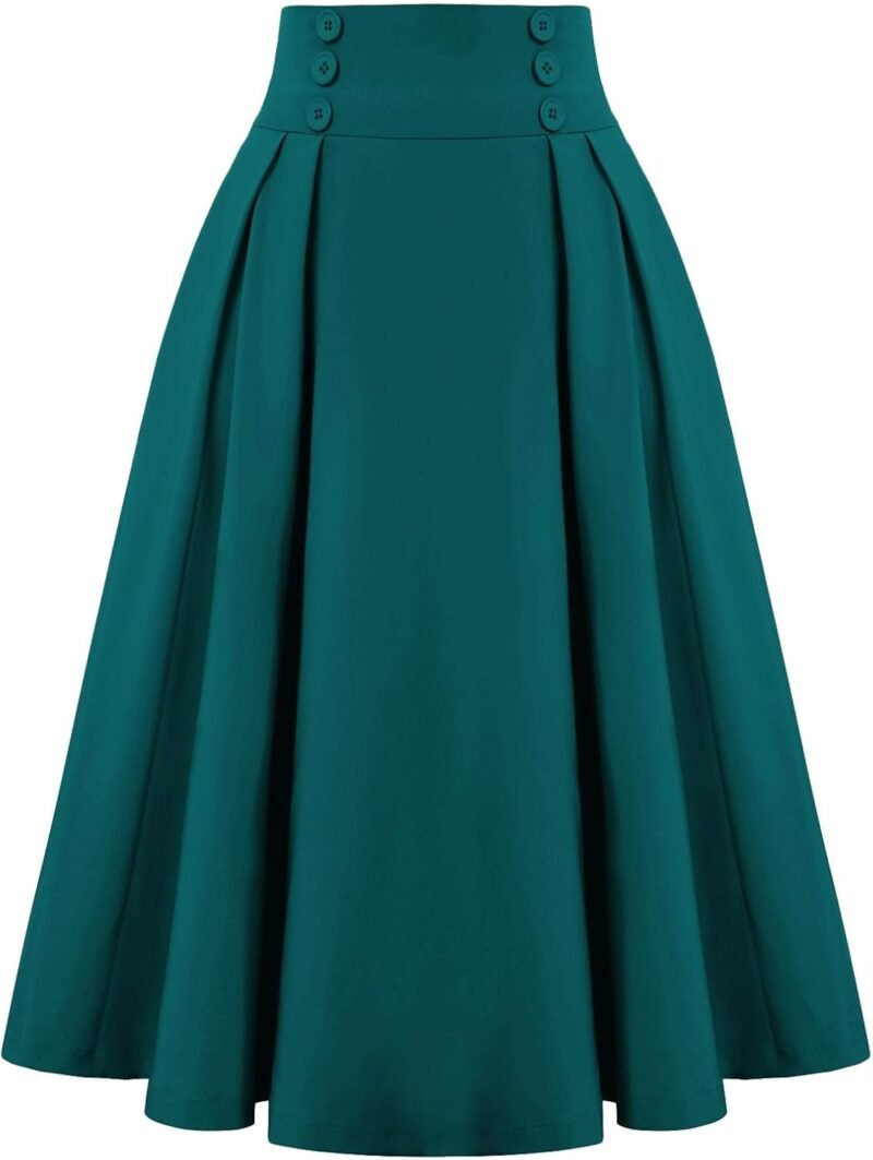 Women Vintage Skirt High Waist Pleated Skirt Midi A-Line Skirt with Pockets