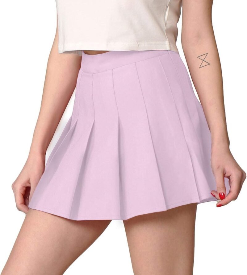 Women's' Girls' High Waist Mini Plaid School Uniform Pleated Skater Tennis Skirt with Lining Shorts - Image 2