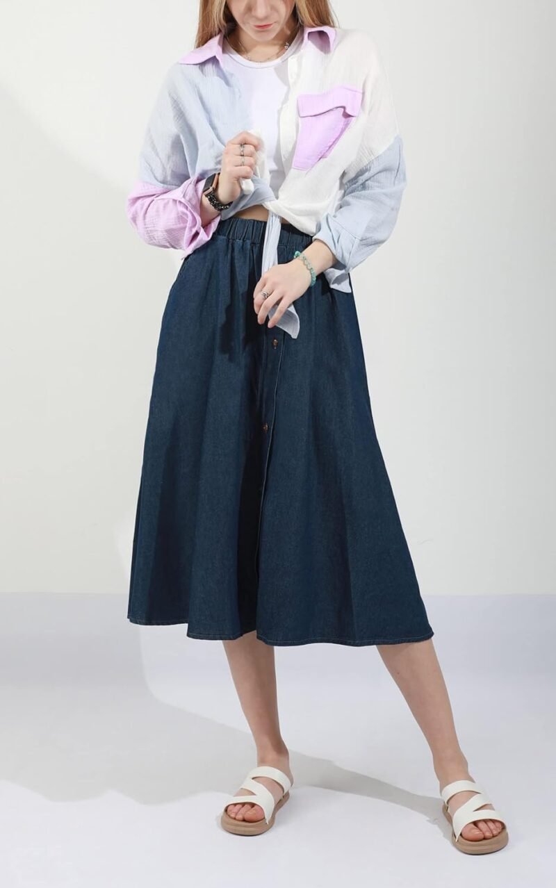 Women's Stretchy High Waist 5-Buttons Front A-Line Flowy Midi Skirts - Image 2