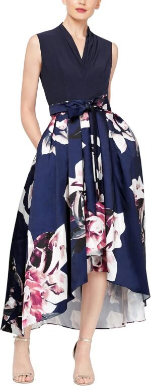 Women's less Jersey V-Neck Hi-lo Floral Dress with Pockets