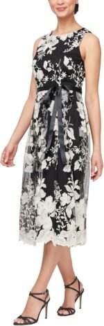Women's less Midi Dress with Elegant Embroidery, Full Skirt and Tie Belt (Petite and Regular Sizes)