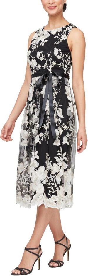 Women's less Midi Dress with Elegant Embroidery, Full Skirt and Tie Belt (Petite and Regular Sizes)