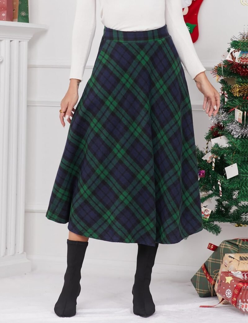 Women's Plaid Wool Skirts Elastic Waist A-Line Pleated Tartan Long Skirts - Image 2