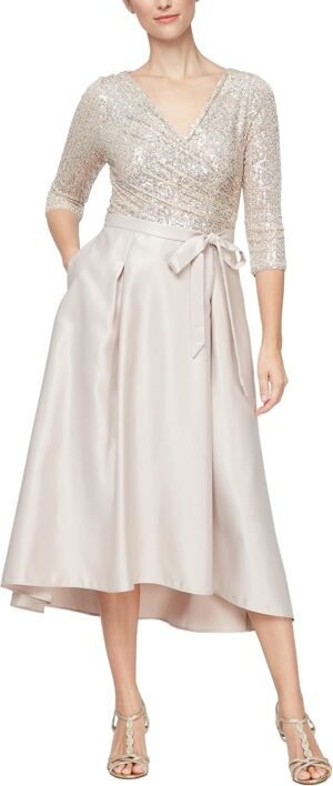 Women's Satin Ballgown Dress with Pockets (Petite and Regular Sizes)