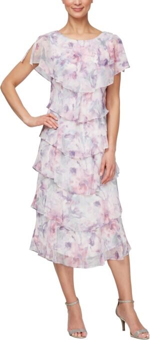 Women's Floral Scoop Neck Tiered Midi Length Wedding Guest Dress W/Beaded Shoulder, (Petite and Regular Sizes)