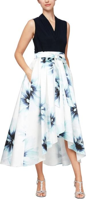 Women's less Jersey V-Neck Hi-lo Floral Dress with Pockets