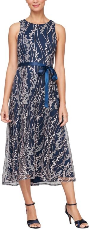 Women's less Midi Dress with Elegant Embroidery, Full Skirt and Tie Belt (Petite and Regular Sizes)